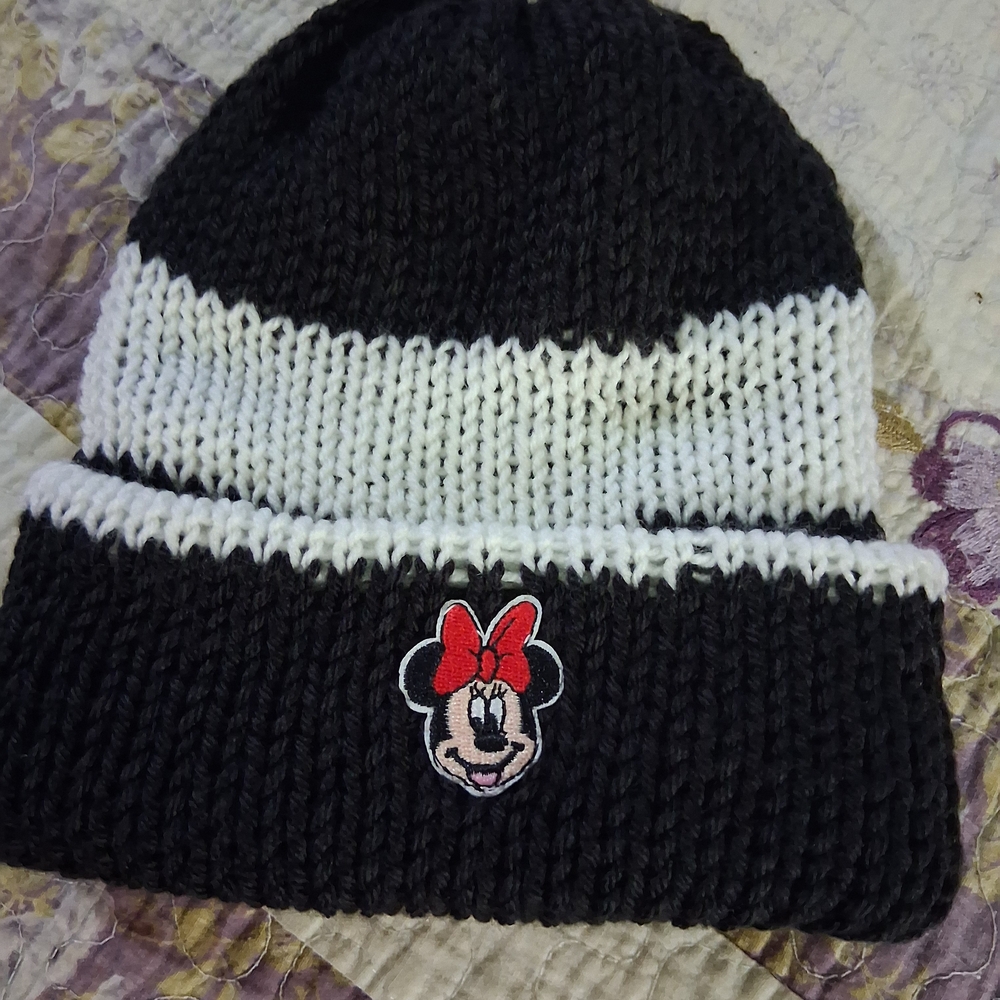 Hand Crafted Black and White Knit Hat with Character Patch